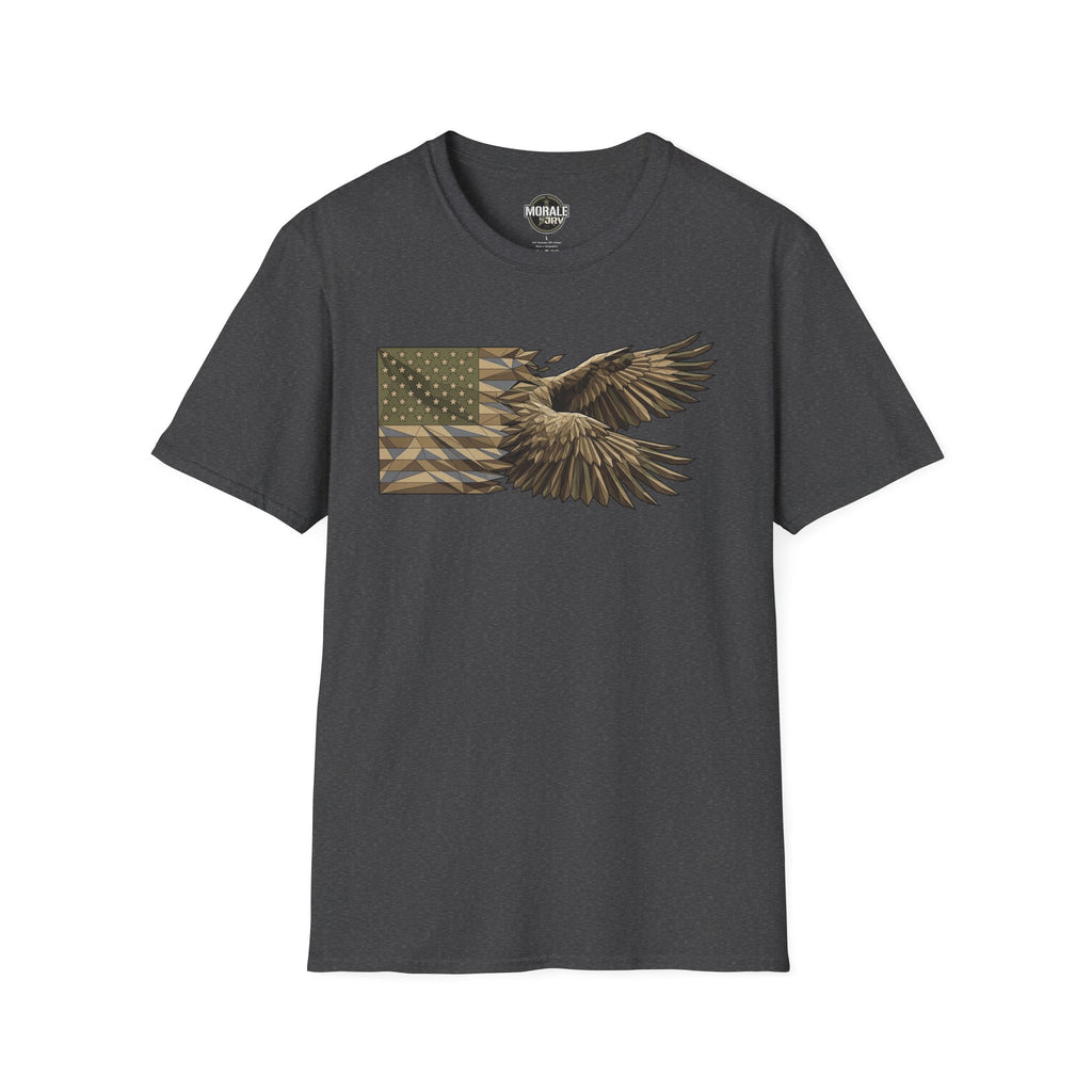 Patriotic camouflage T-shirt in dark gray with soaring bald eagle and American flag graphic