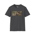 Patriotic camouflage T-shirt in dark gray with soaring bald eagle and American flag graphic