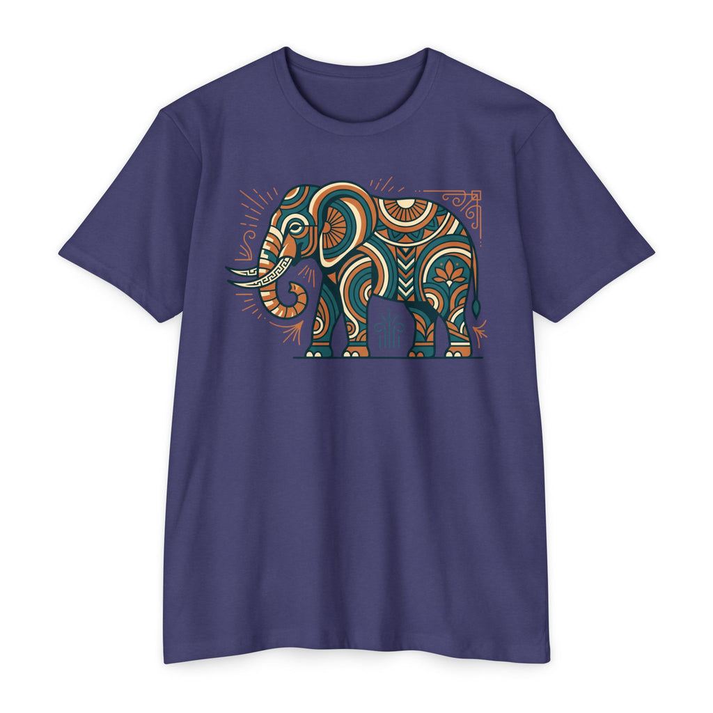 Purple crewneck short-sleeve T-shirt with colorful paisley elephant graphic on chest