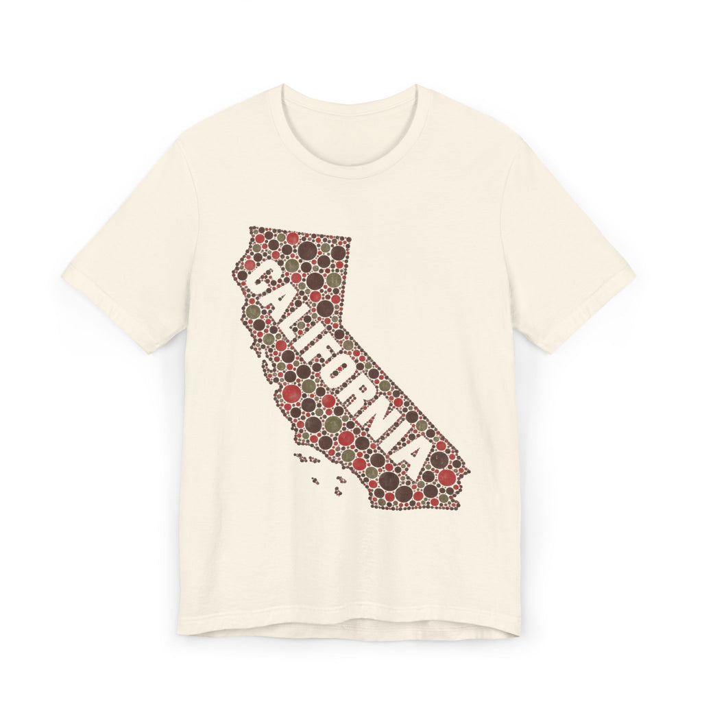 Cream T-shirt with California map outline graphic in red and white dots