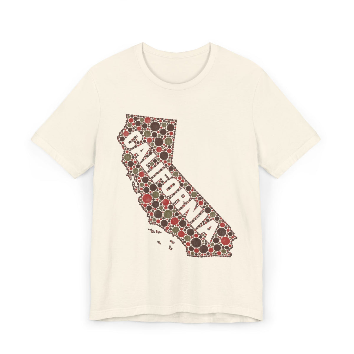 Cream T-shirt with California map outline graphic in red and white dots