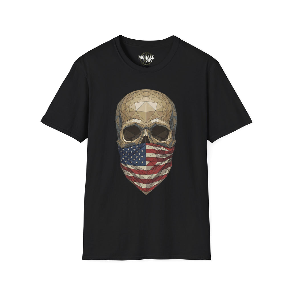 Geometric skull T-shirt with American flag bandana print on black crewneck