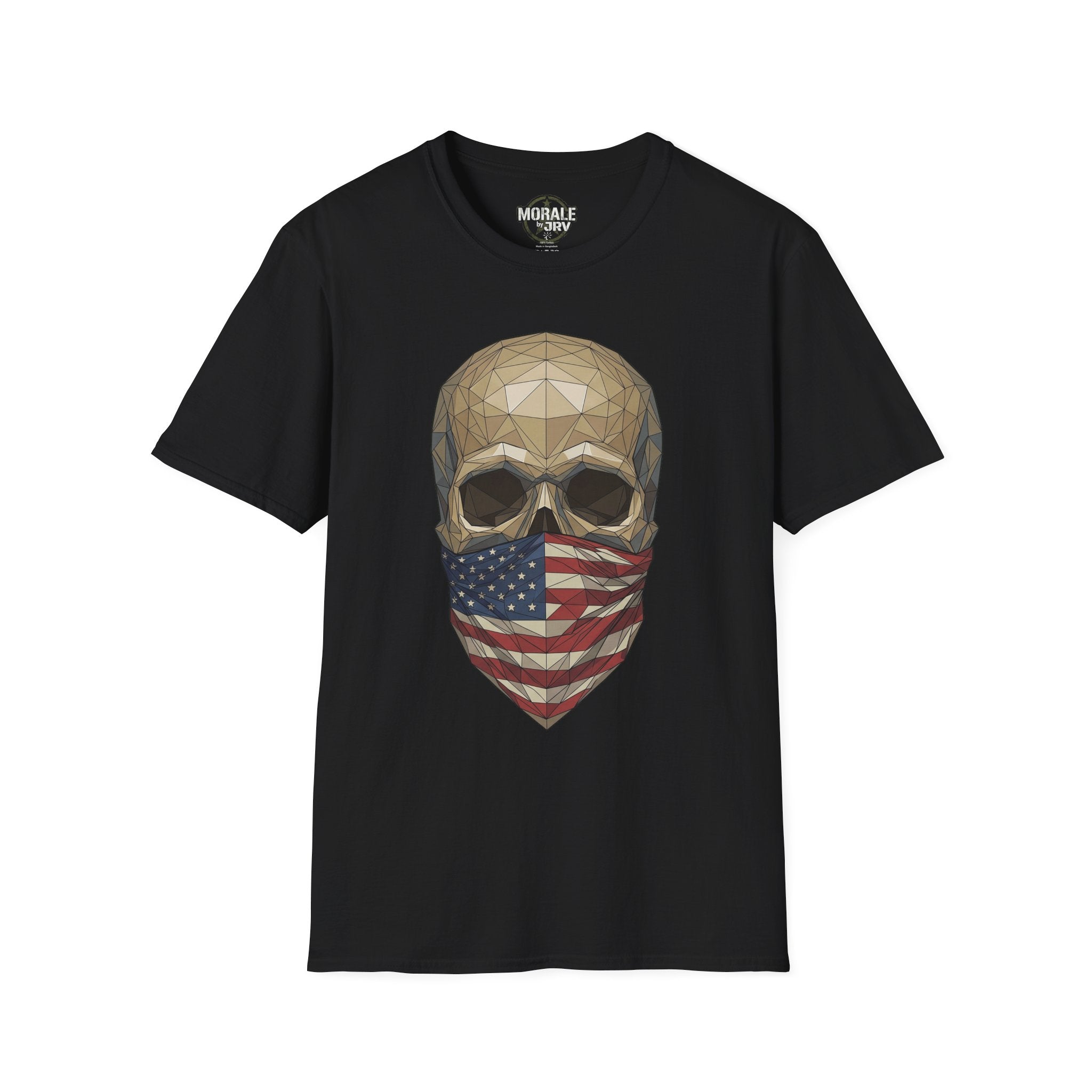 Geometric skull T-shirt with American flag bandana print on black crewneck