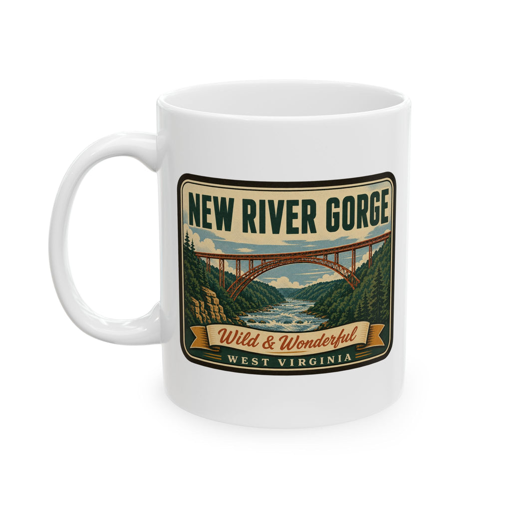 White ceramic coffee mug with 'NEW RIVER GORGE' bridge landscape badge