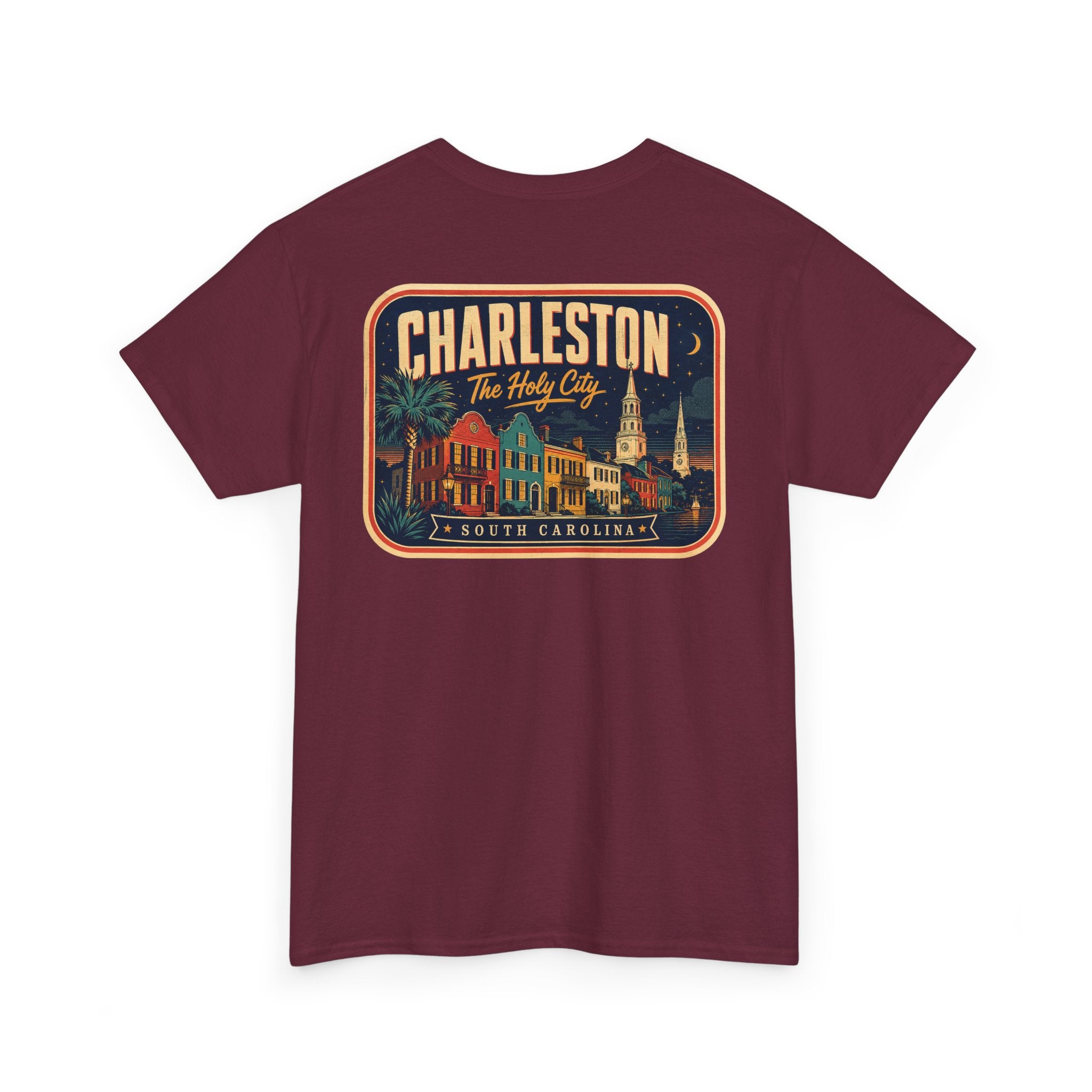 Burgundy T-shirt with round Charleston city badge graphic on chest