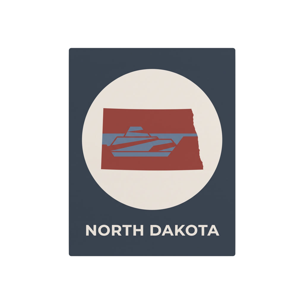 North Dakota metal wall sign with oval logo, red state graphic, and “NORTH DAKOTA” text