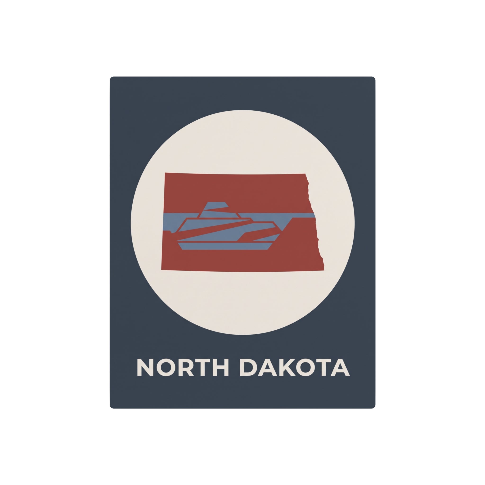 North Dakota metal wall sign with oval logo, red state graphic, and “NORTH DAKOTA” text
