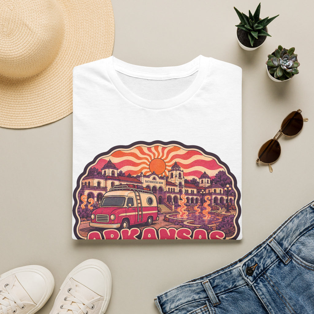 White unisex T-shirt with retro camper and sunset graphic print on the chest.