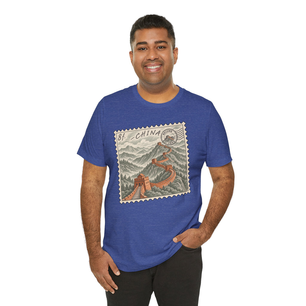 Royal blue crew-neck T-shirt with vintage China postage stamp graphic on chest