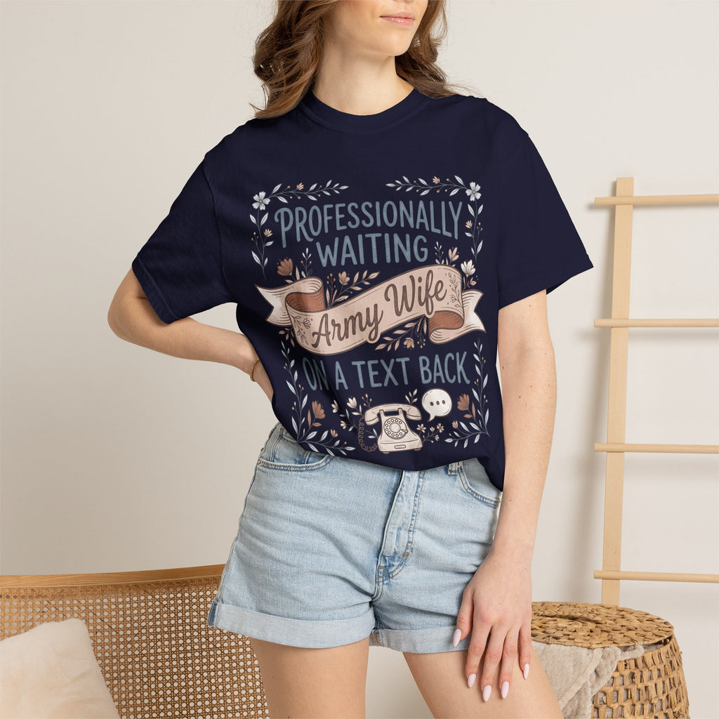 Navy crewneck graphic t-shirt with “Army Wife” ribbon and floral text on front