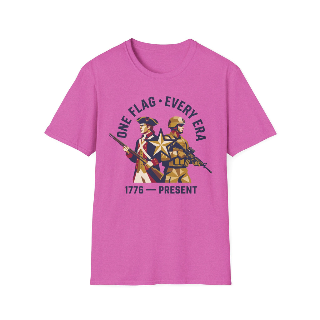 Pink military graphic t-shirt with soldier and '1776–present' emblem