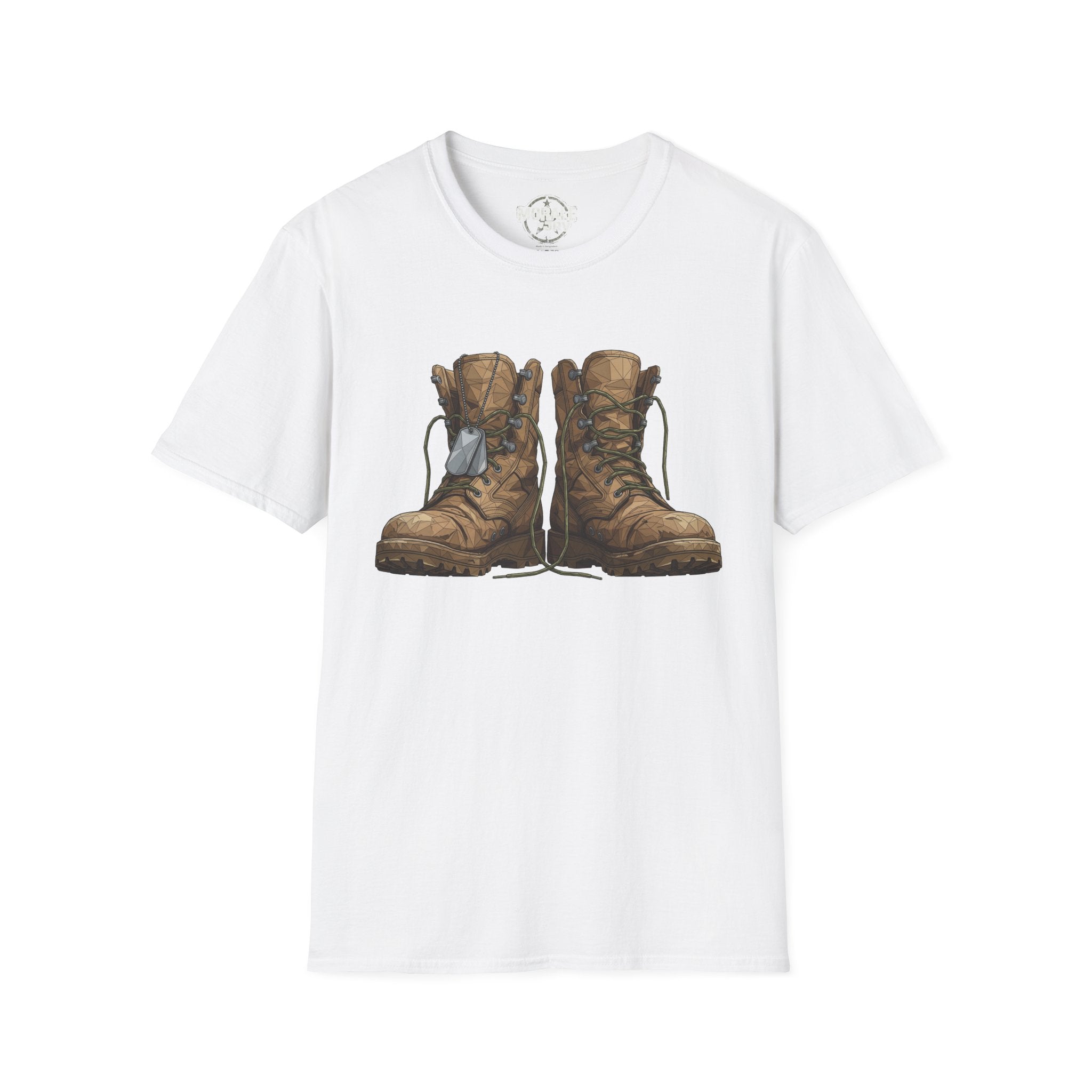 White T-shirt with vintage combat boots graphic in brown and tan