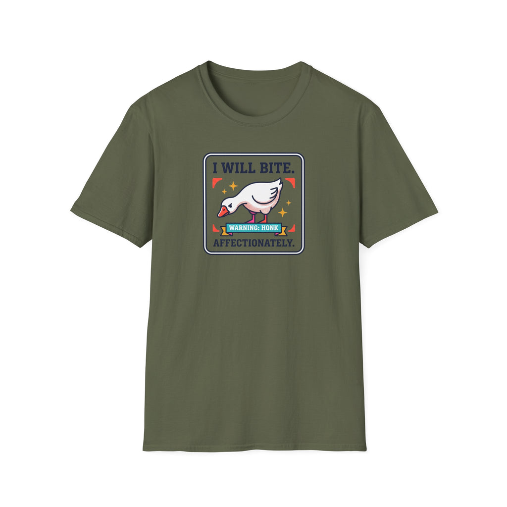 Olive green T-shirt with centered goose warning graphic