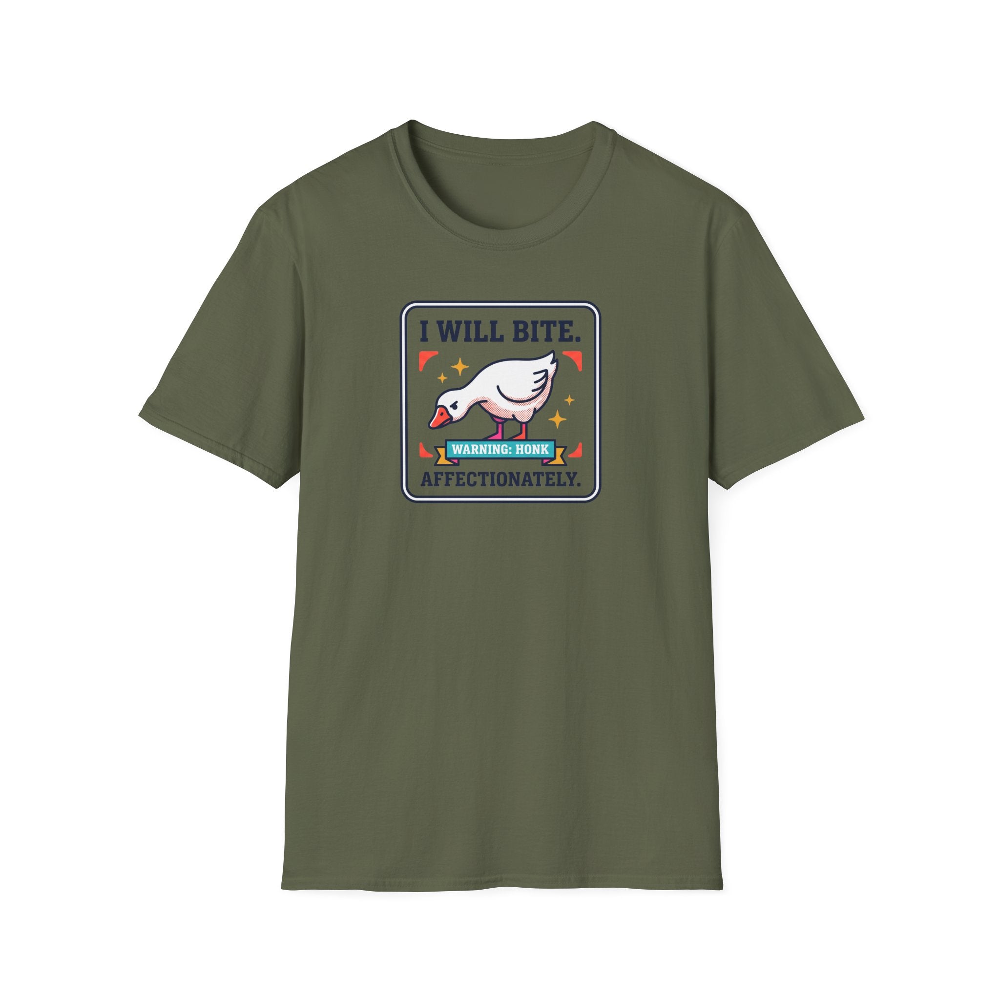 Olive green T-shirt with centered goose warning graphic