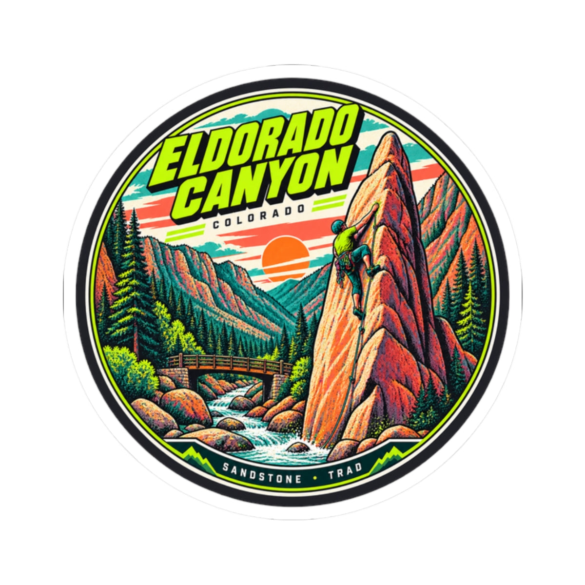 Round vinyl climbing sticker featuring canyon rocks, forest trees, and 'Eldorado Canyon' lettering.