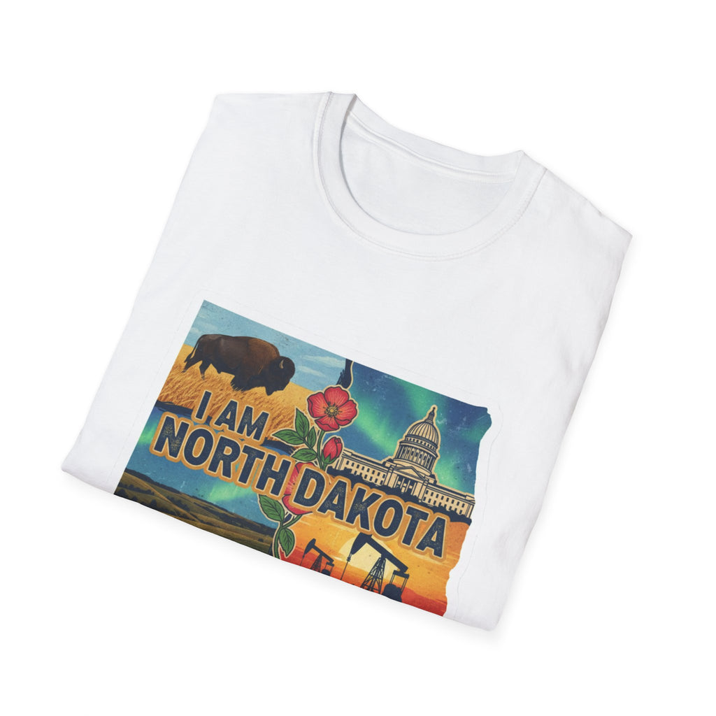 North Dakota T-shirt in white with front graphic print: I Am North Dakota