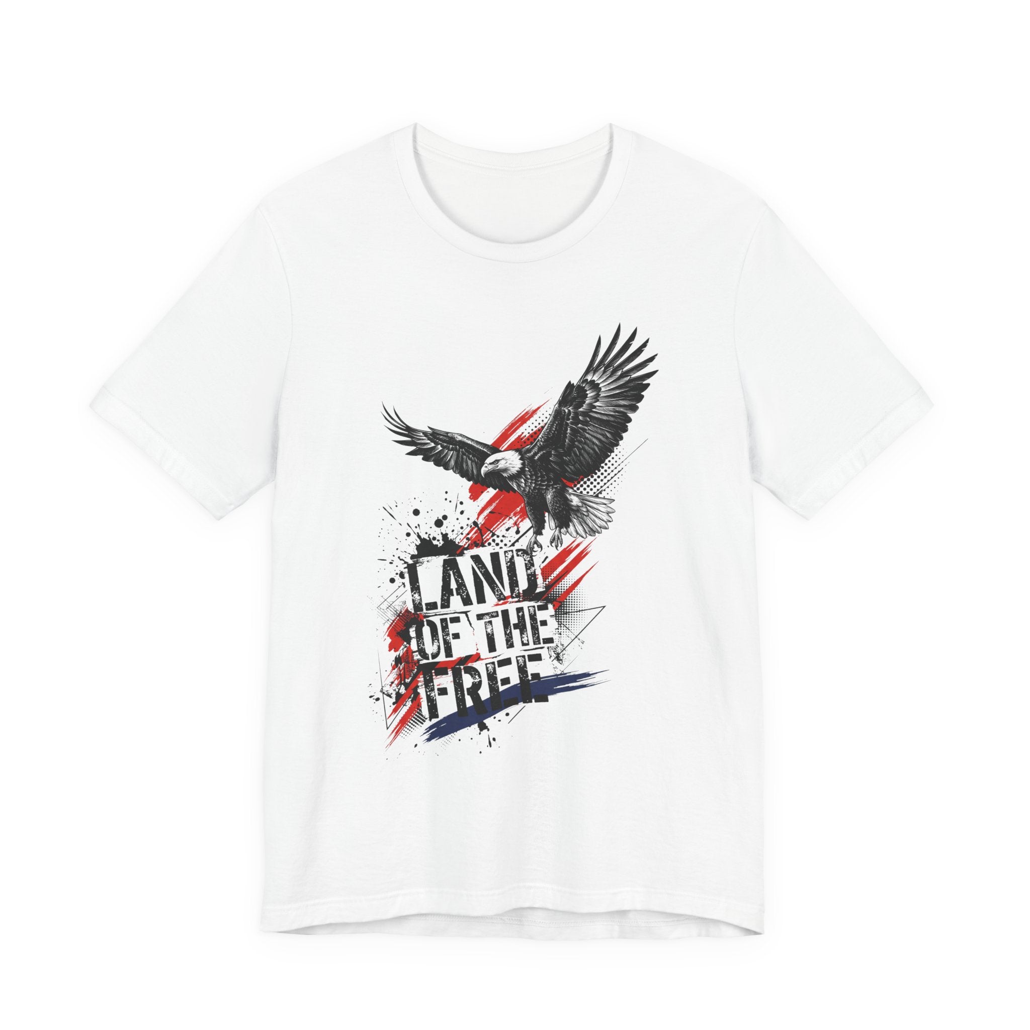 White eagle graphic t-shirt with distressed "Land of the Free" text and flag accents