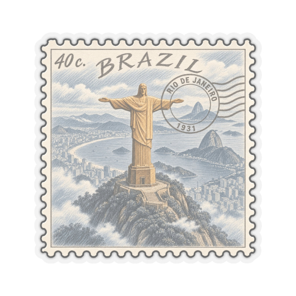 Christ the Redeemer stamp sticker with perforated edges and circular Rio de Janeiro 1931 mark