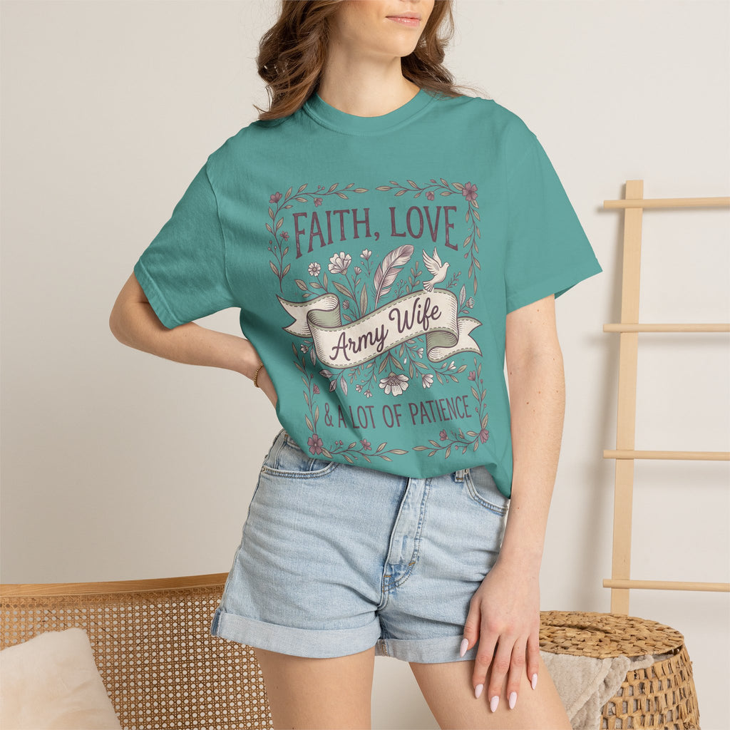 Teal crew-neck T-shirt worn by model; “FAITH, LOVE” floral print with “Army Wife”