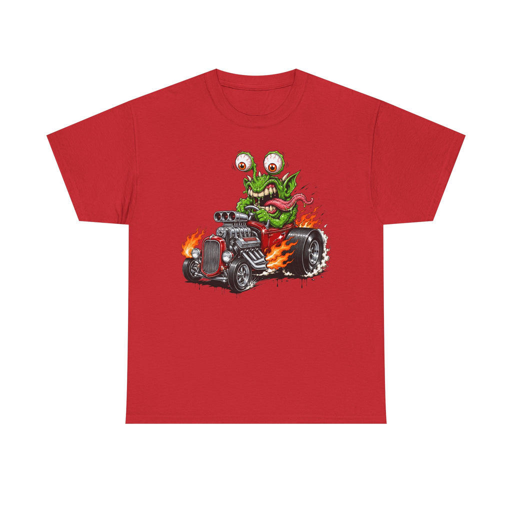 Red crew-neck hot rod tee with wild-eyed monster on car graphic, short sleeves