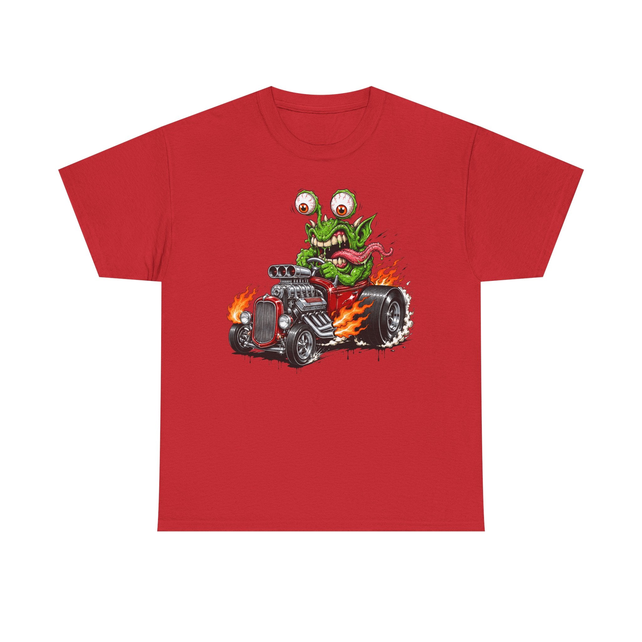Red crew-neck hot rod tee with wild-eyed monster on car graphic, short sleeves