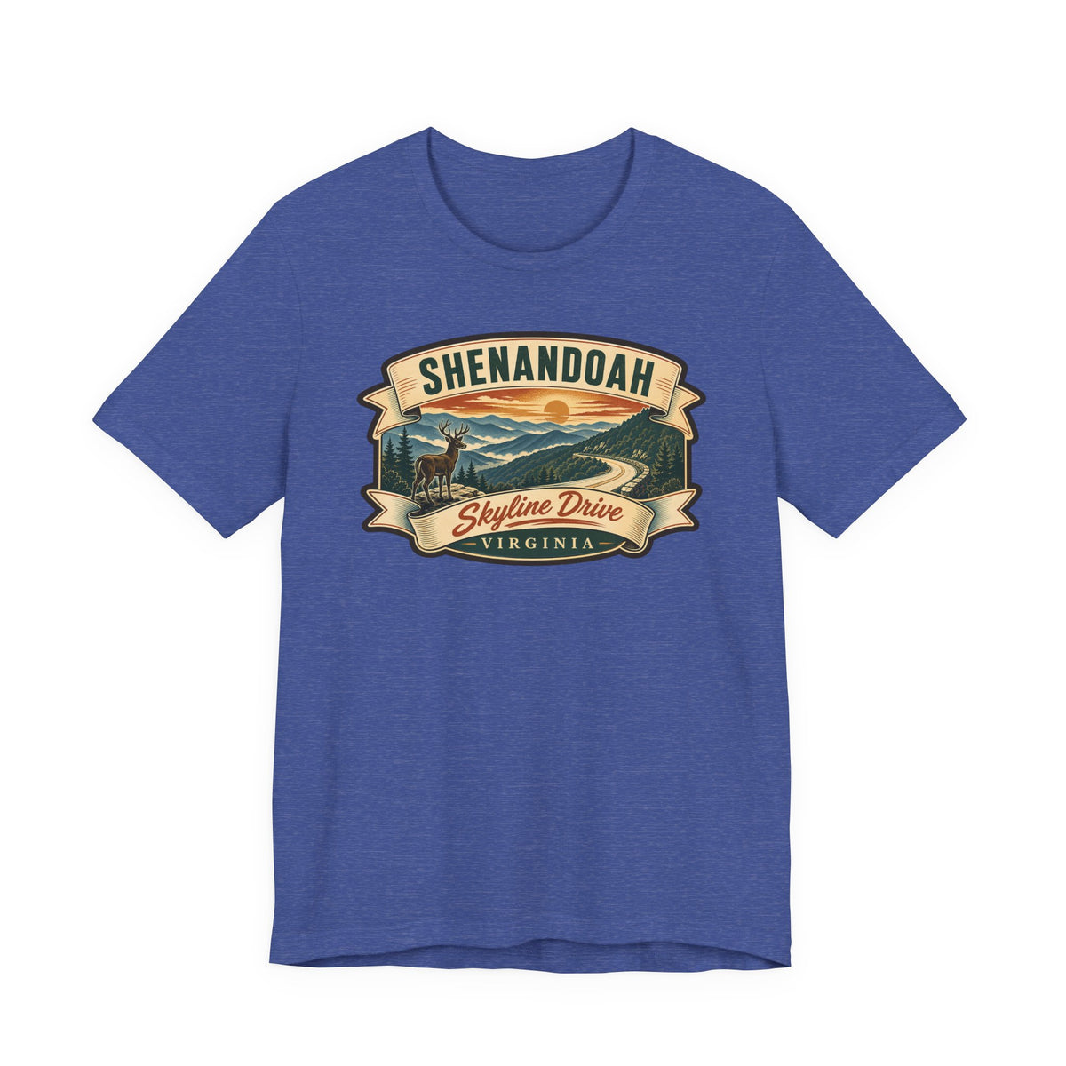 True royal blue crewneck T-shirt with vintage Skyline Drive Virginia badge graphic