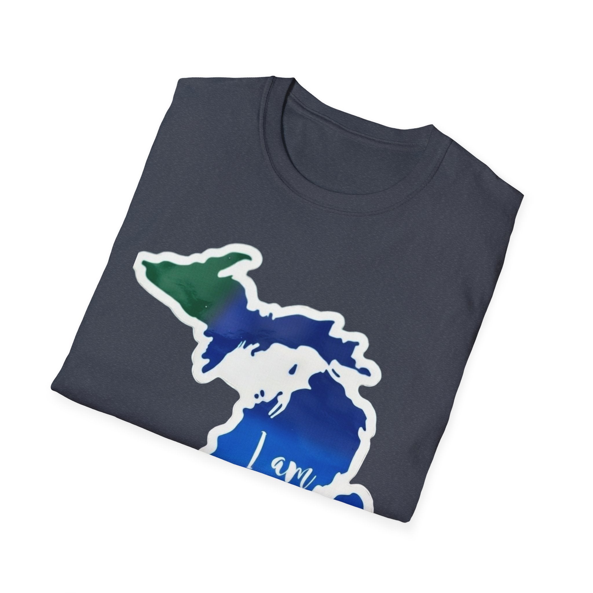Michigan State Map Heart T-shirt in Heather Navy, front map-and-heart print
