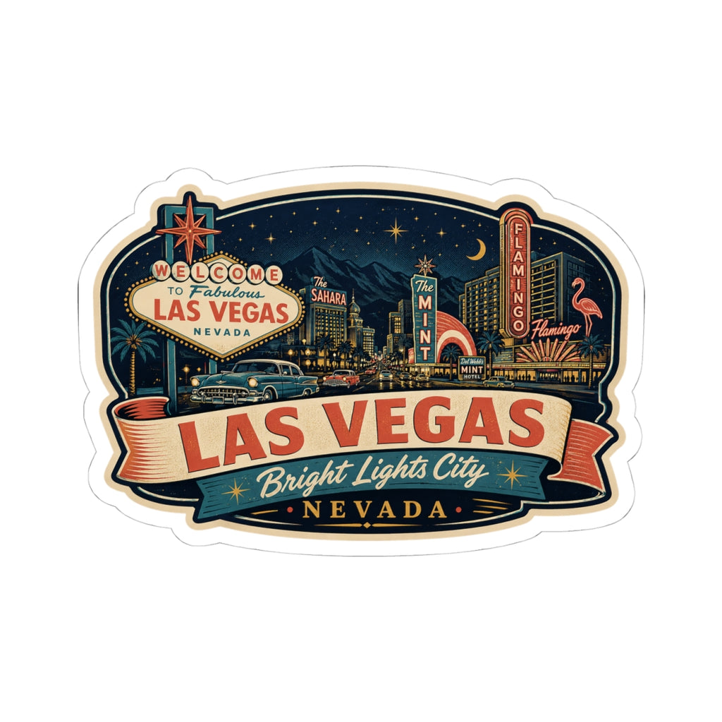 Las Vegas luggage tag sticker showing a starry city skyline and Nevada title banner
