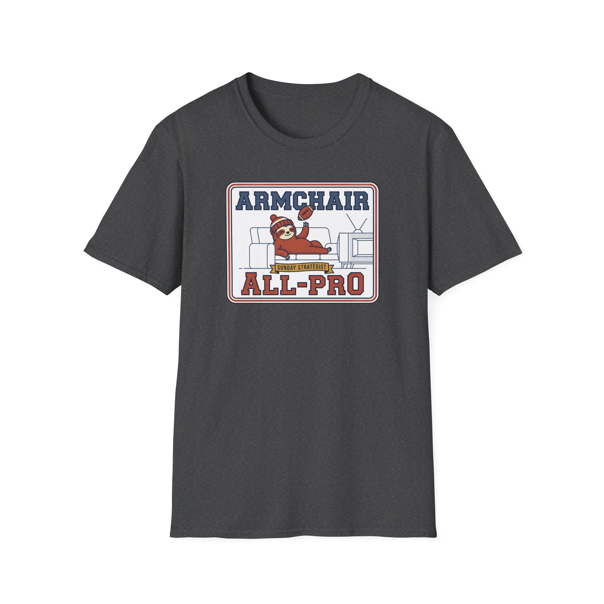 Dark gray T-shirt with 'ARMCHAIR ALL-PRO' sports graphic