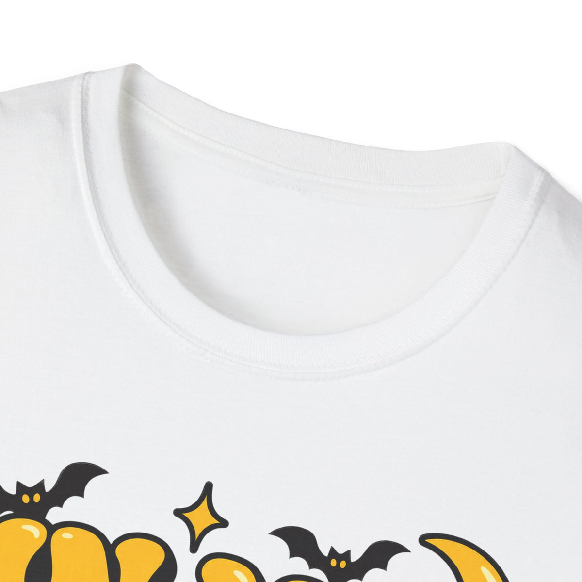 Close-up of white T-shirt neckline with partial orange and yellow Halloween bubble text