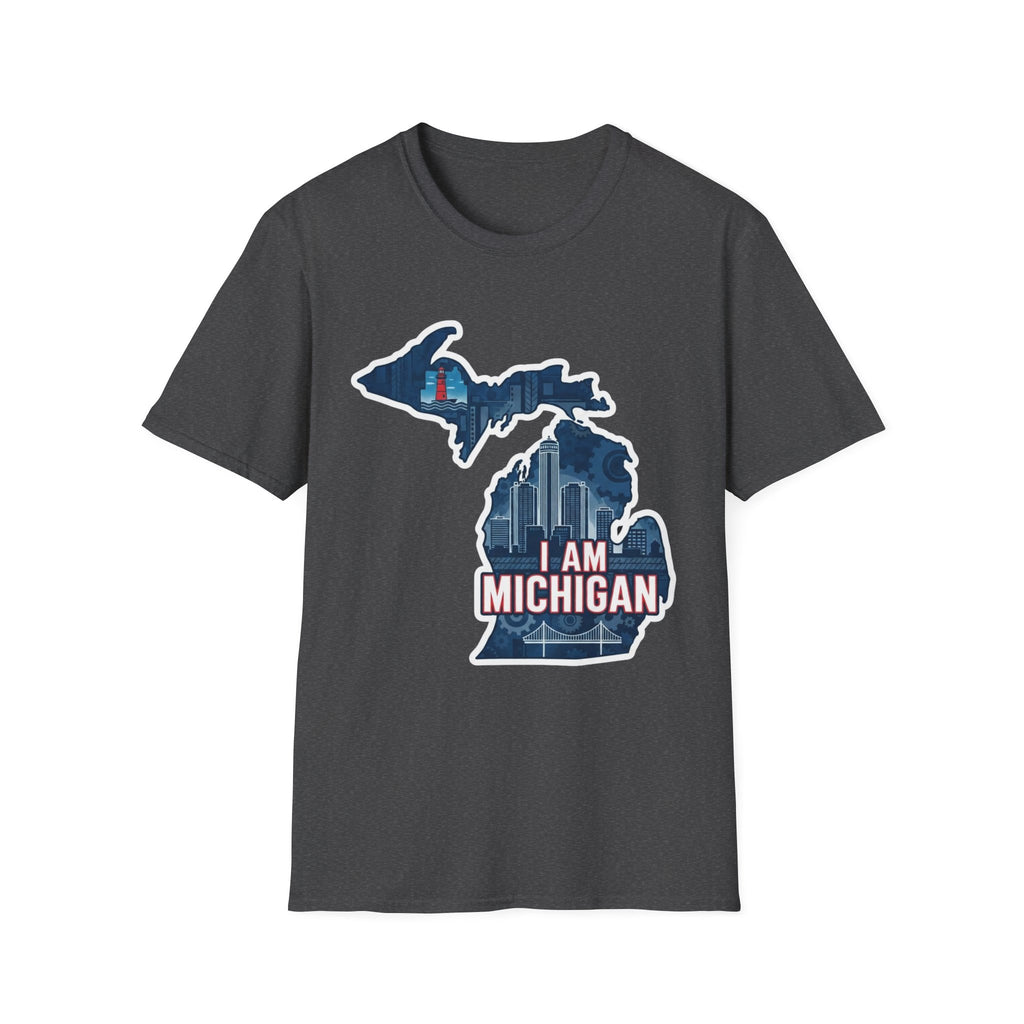 I Am Michigan T-shirt, dark grey crew neck with Michigan map skyline graphic