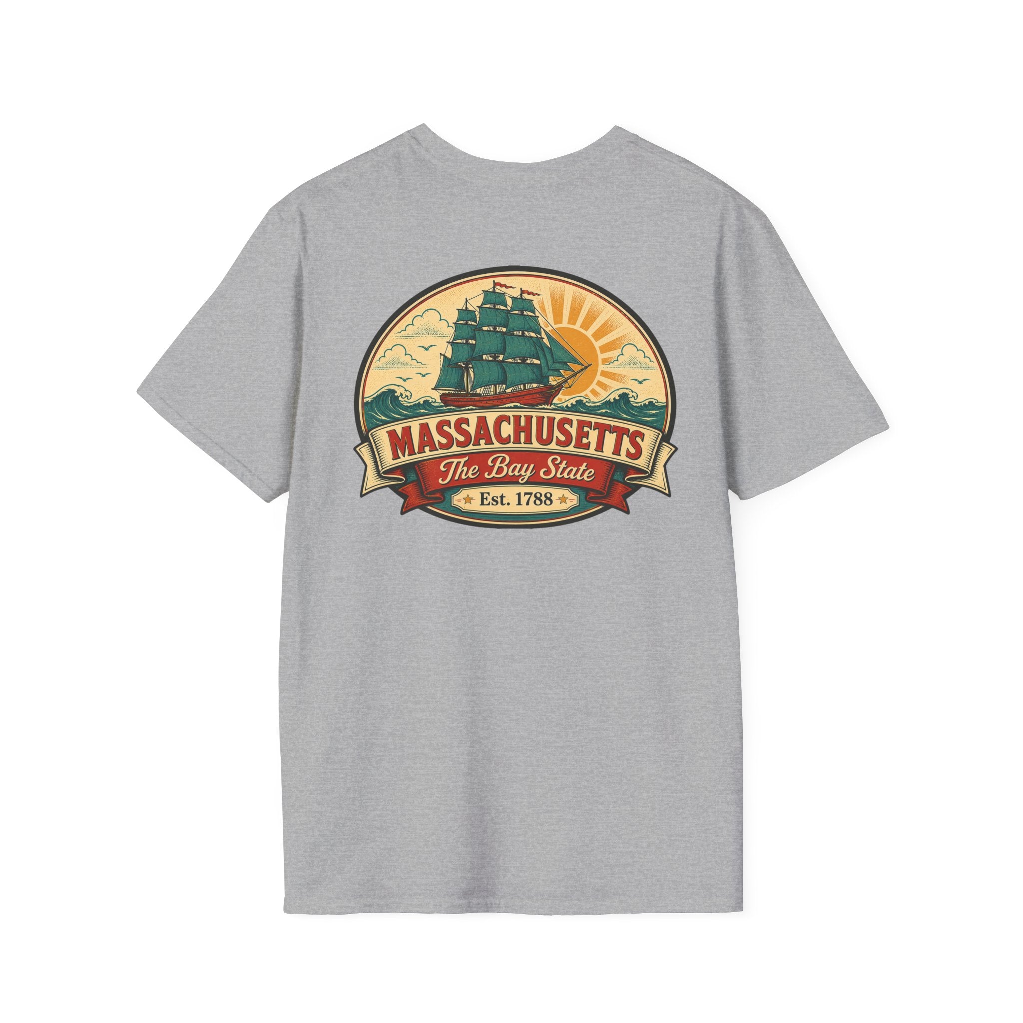 Gray Massachusetts T-shirt with circular Bay State logo graphic on front
