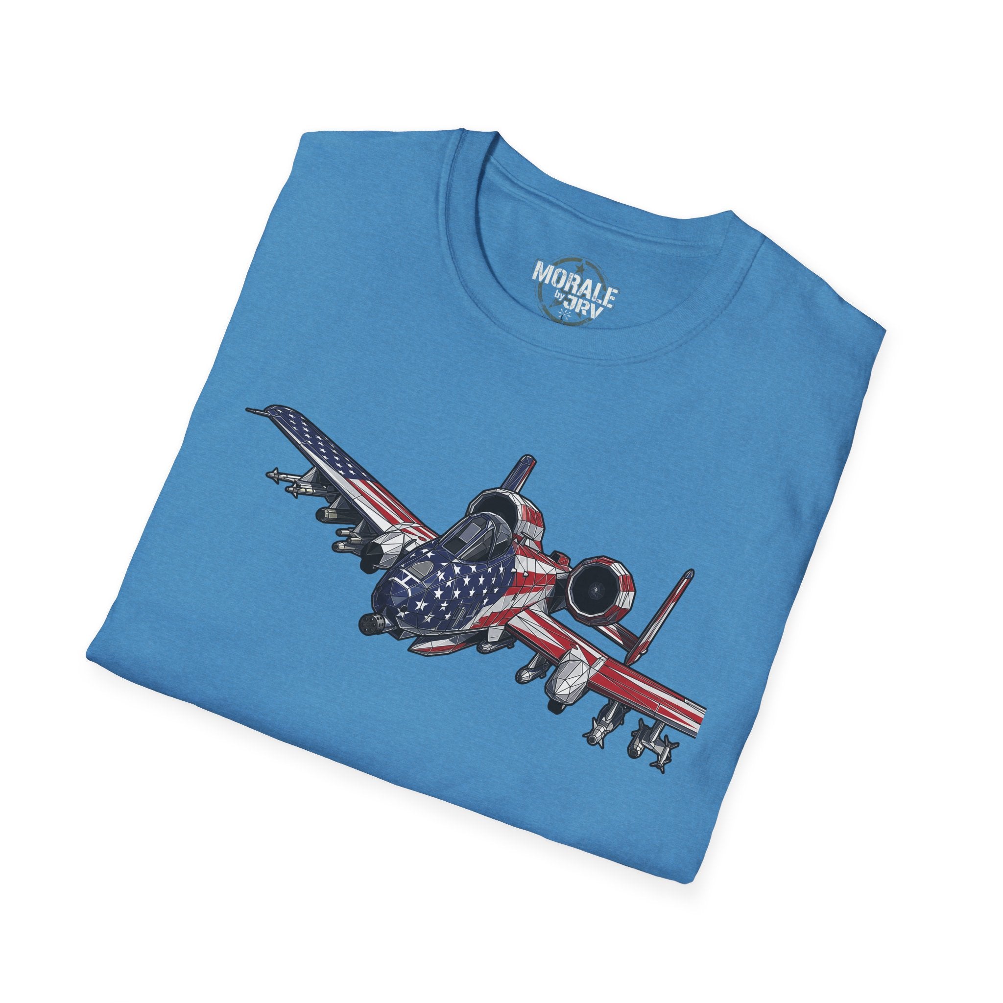 Heather Galapagos Blue A-10 Warthog T-shirt, jet graphic with U.S. flag