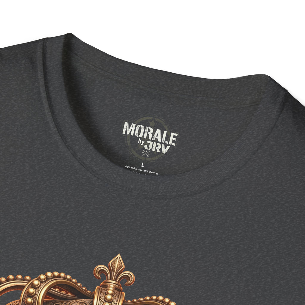 Dark Heather T-shirt with gold crowned skull graphic across chest