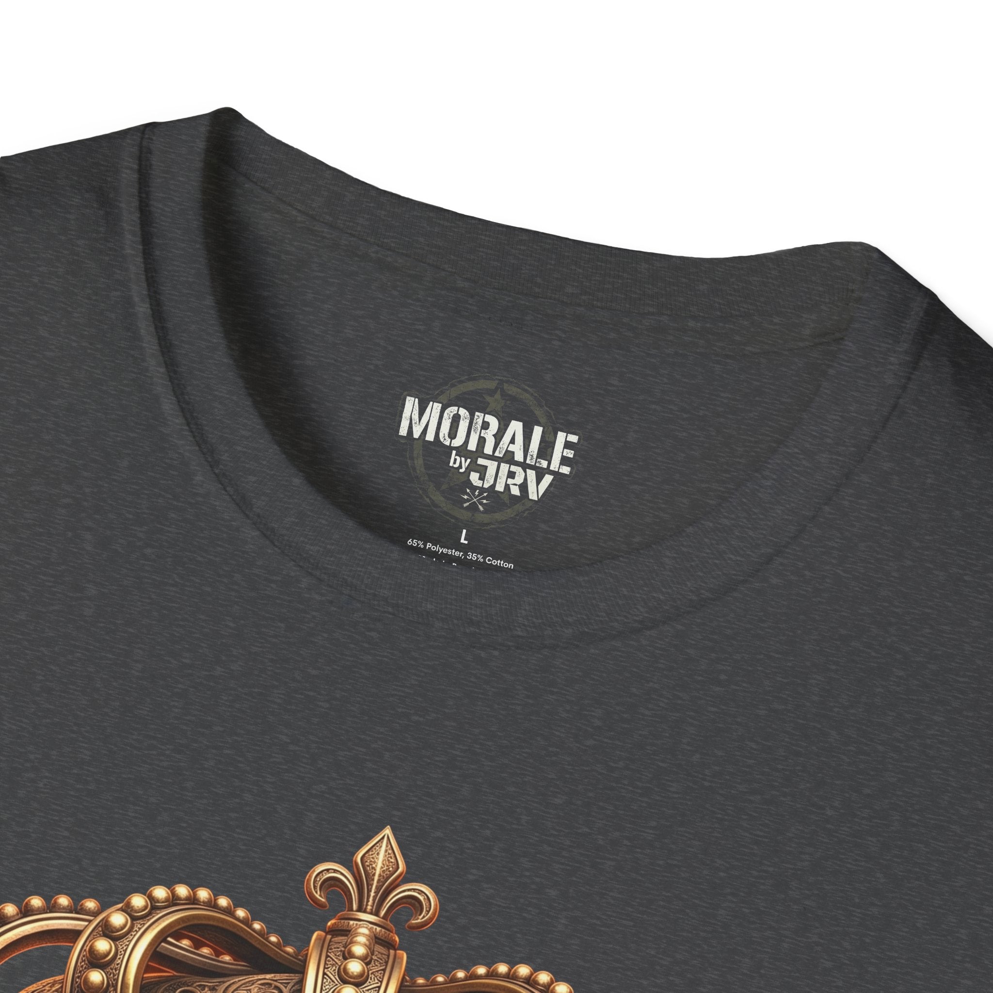 Dark Heather T-shirt with gold crowned skull graphic across chest