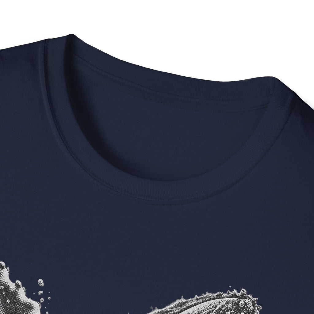 Navy T-shirt with white whale breaching splash graphic, close view.