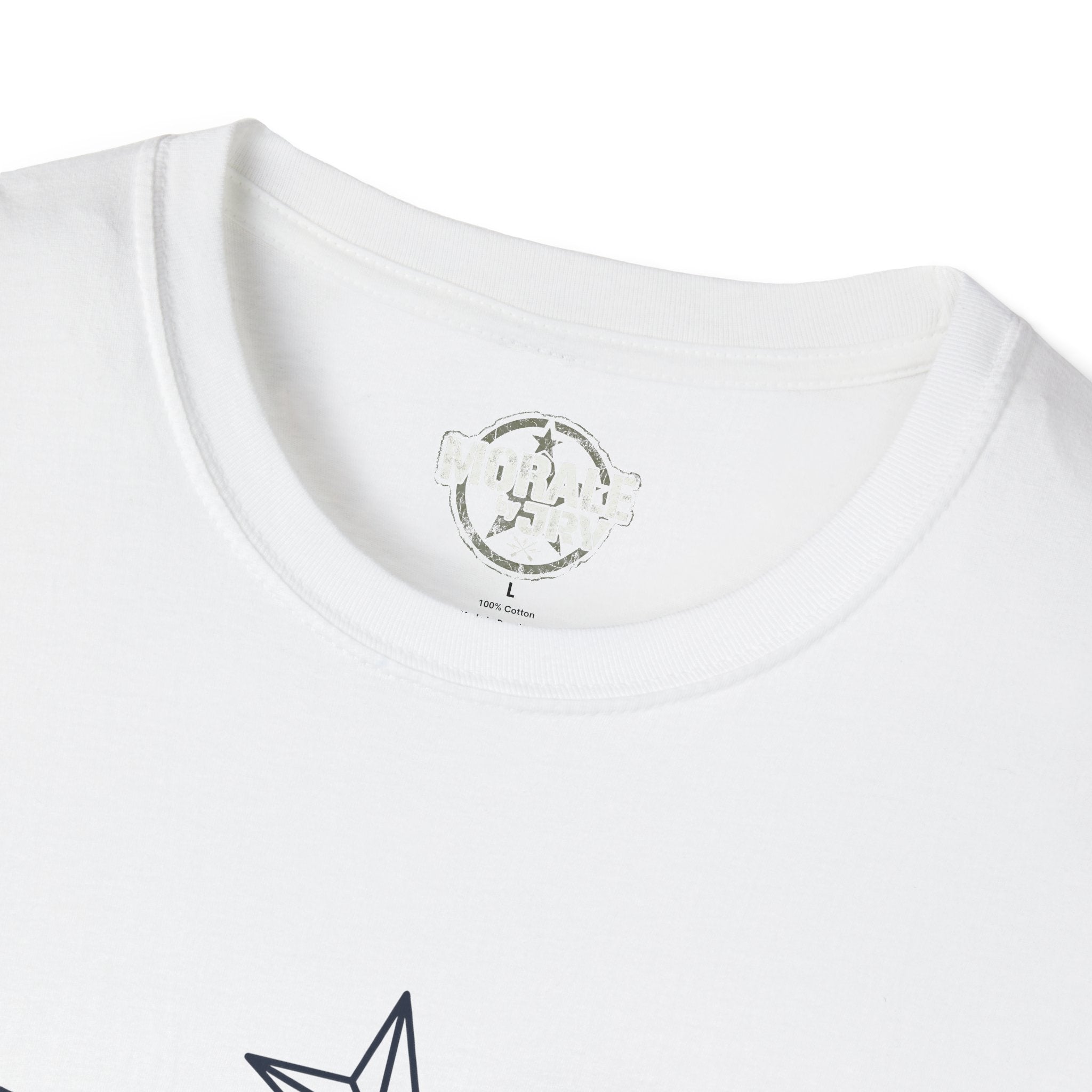 White t-shirt neckline close-up with small inside neck label