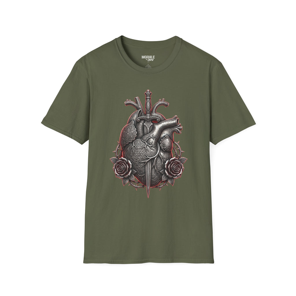 Anatomical heart and roses T-shirt, military green gothic medical illustration