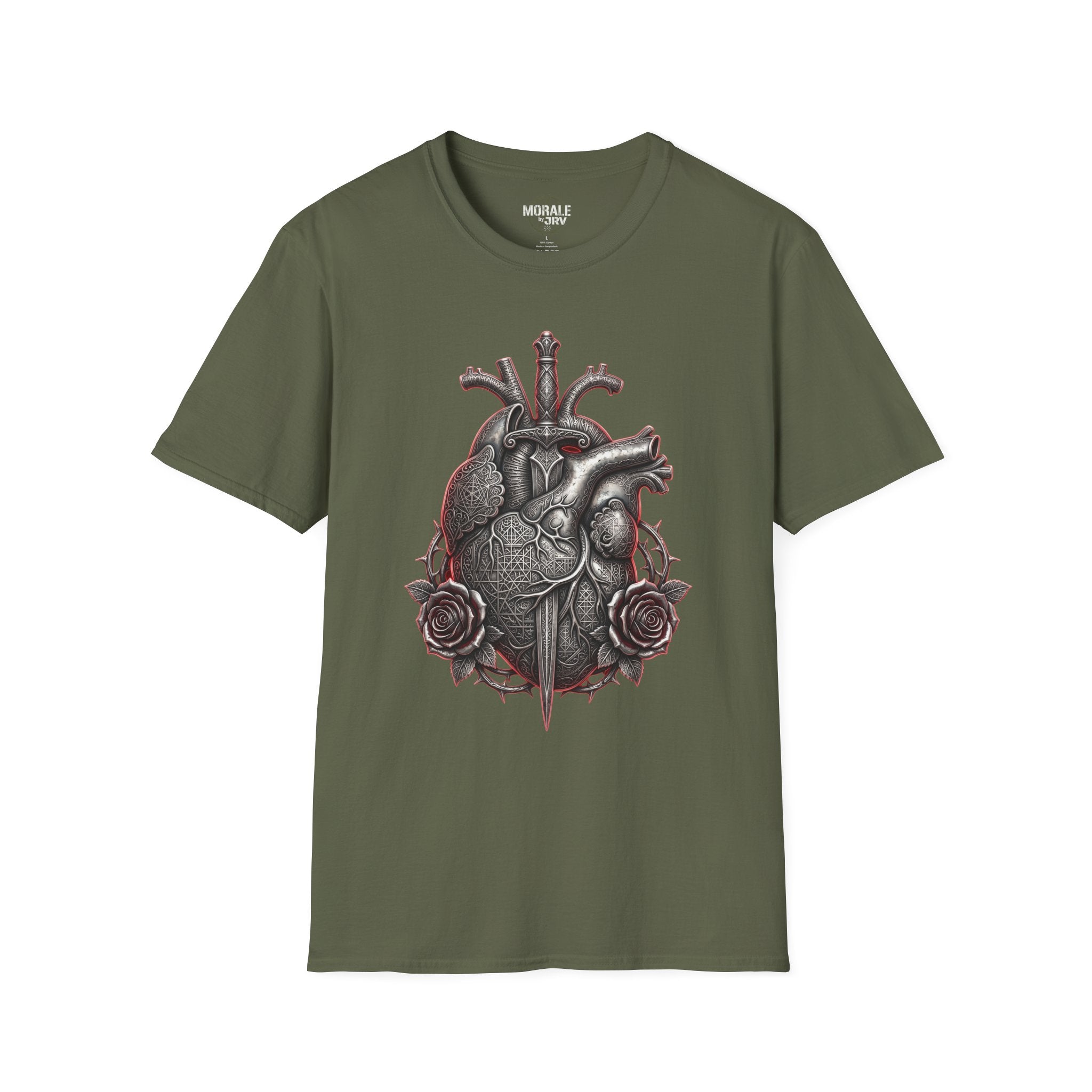 Anatomical heart and roses T-shirt, military green gothic medical illustration