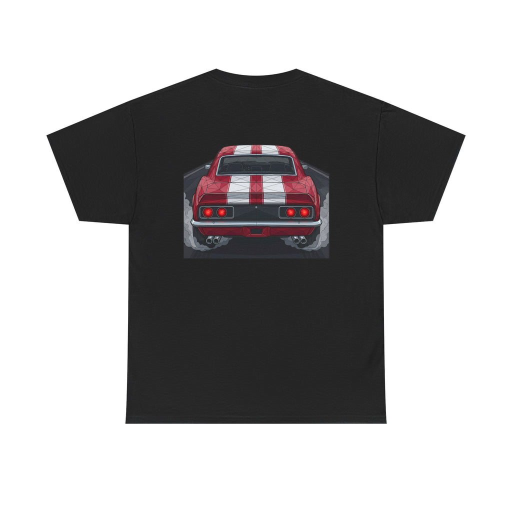 Black crew-neck tee with red vintage car rear graphic centered