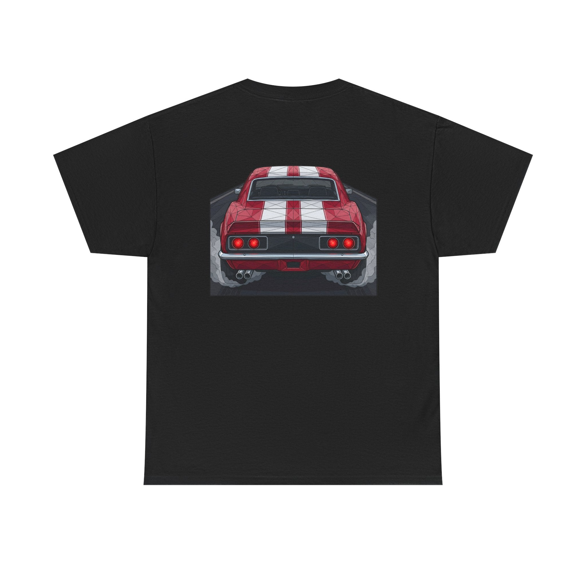 Black crew-neck tee with red vintage car rear graphic centered