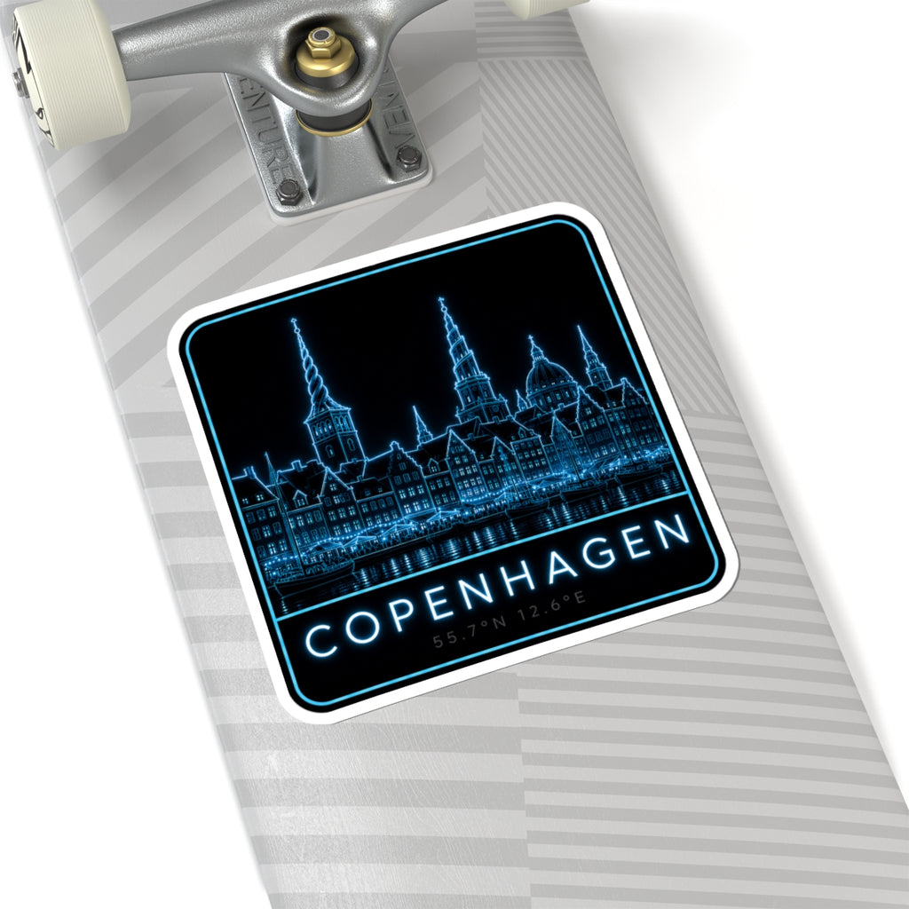 Neon blue Copenhagen skyline kiss-cut vinyl decal with COPENHAGEN text