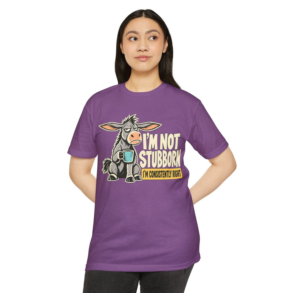 Purple crew-neck t-shirt with stubborn donkey coffee graphic, worn
