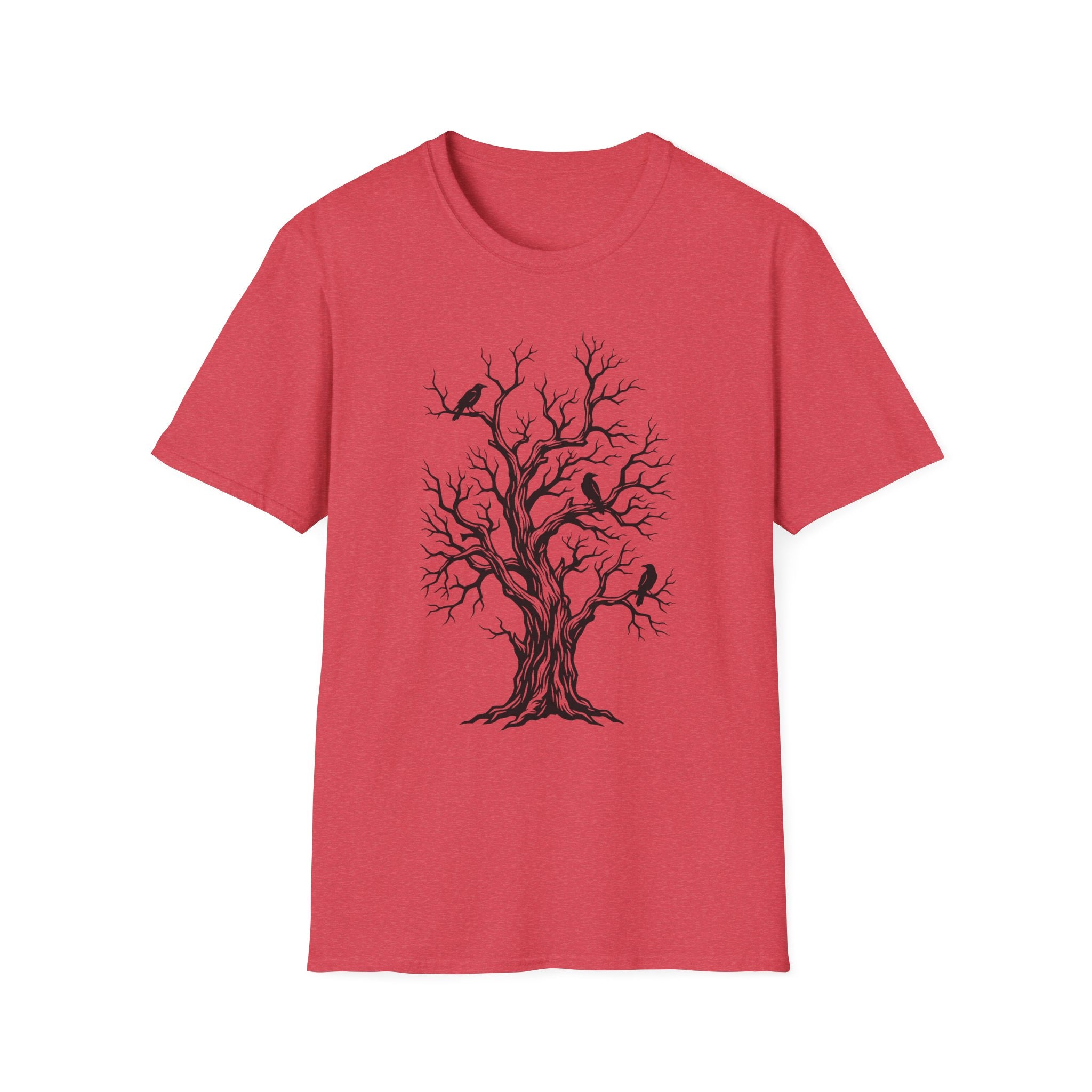 Red T-shirt with bare tree and black crow graphic print