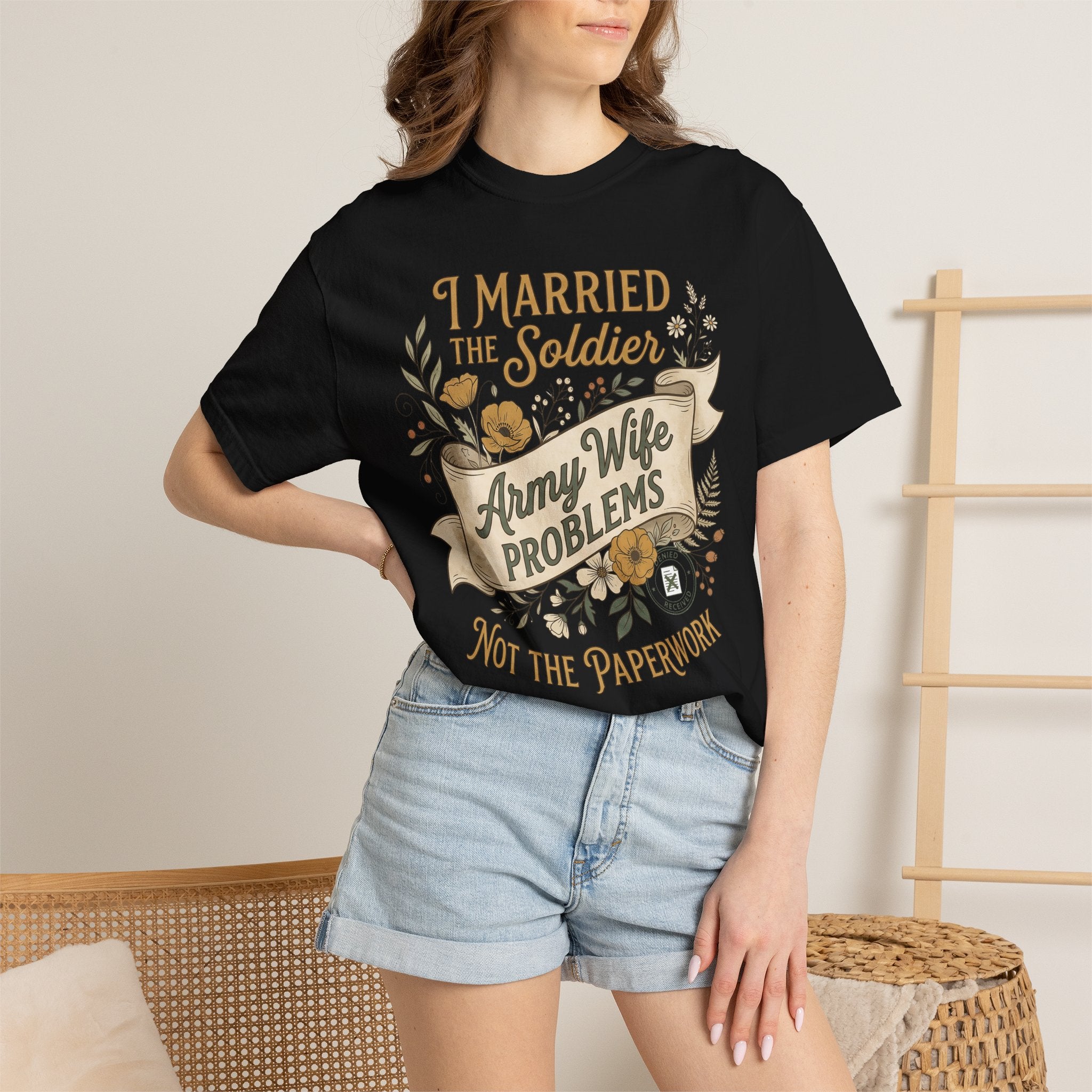 Navy crew-neck T-shirt with front quote graphic