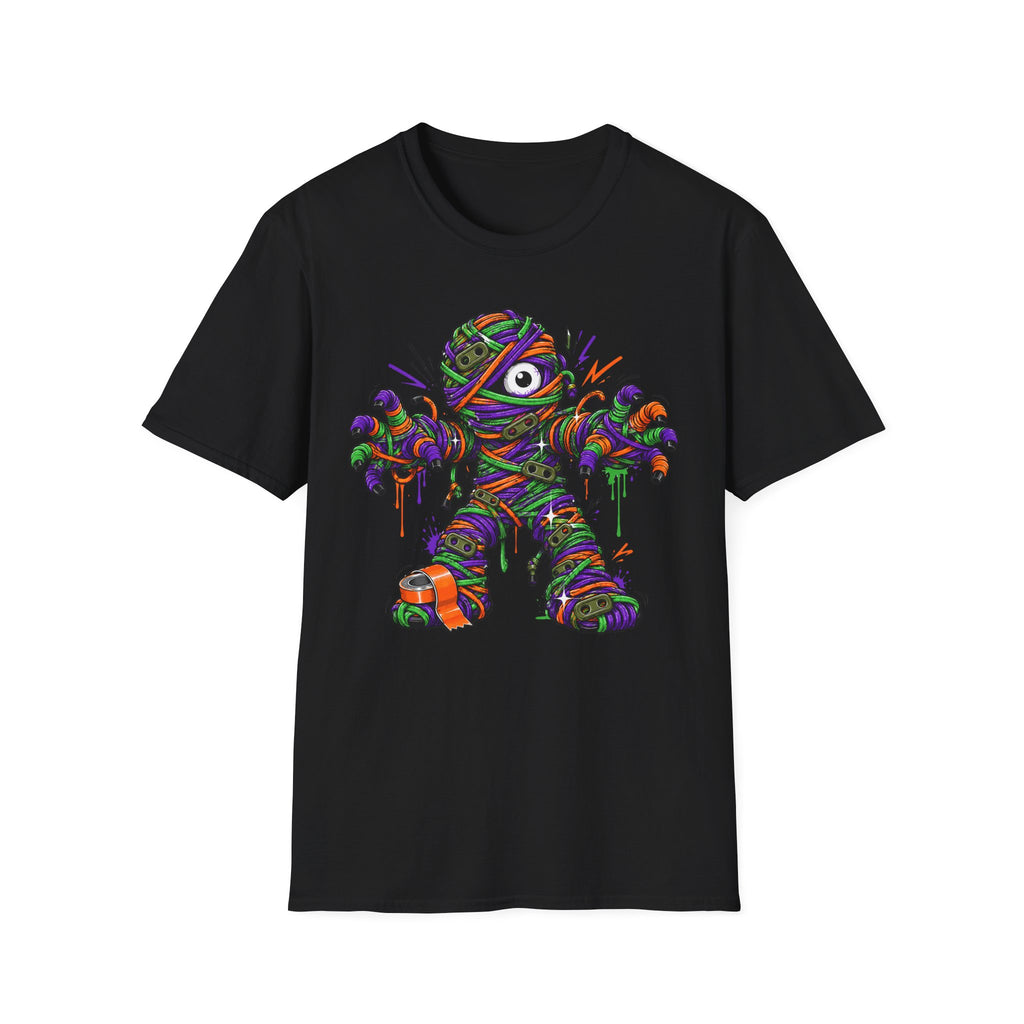 Black wrapped monster graphic t-shirt with colorful mummy front print