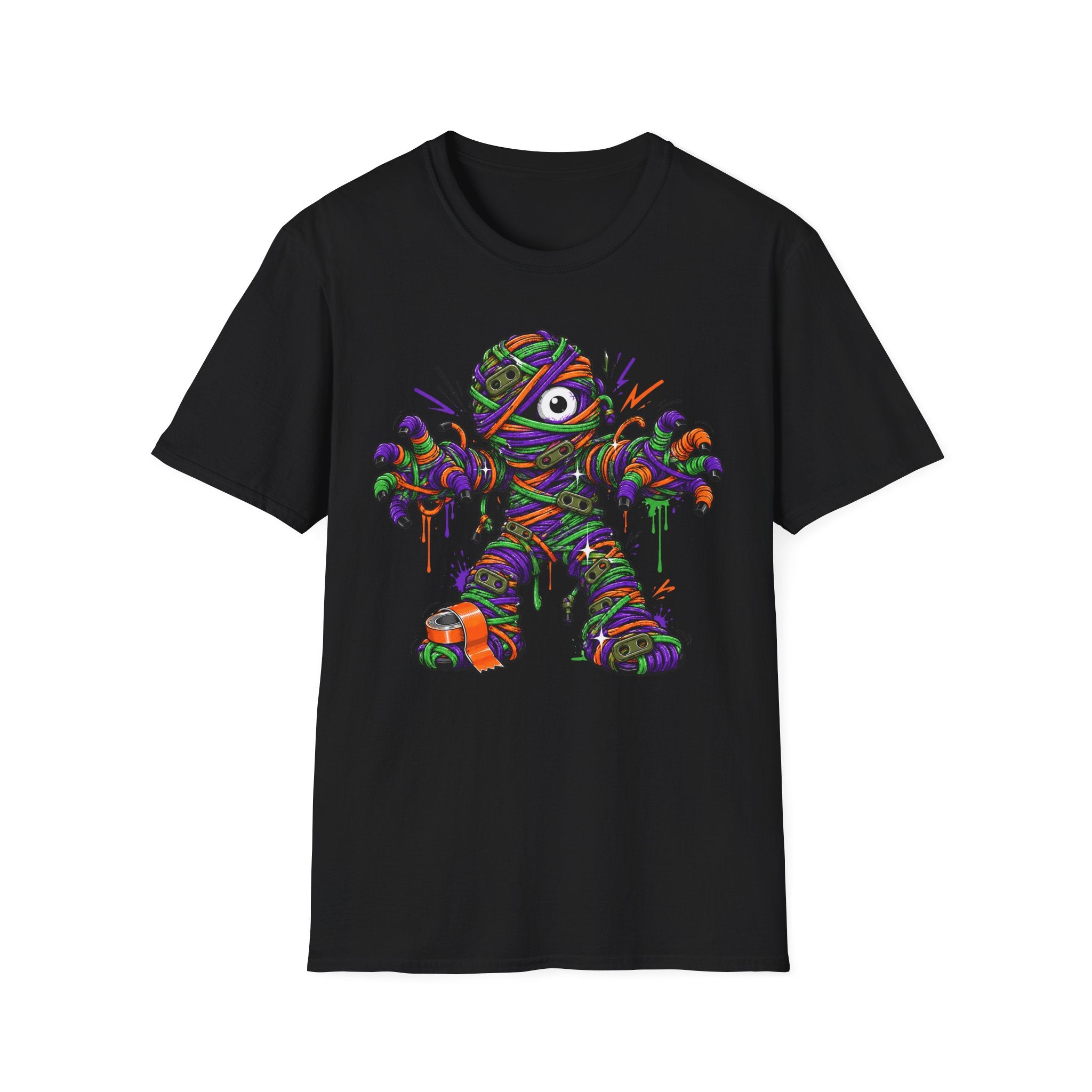 Black wrapped monster graphic t-shirt with colorful mummy front print