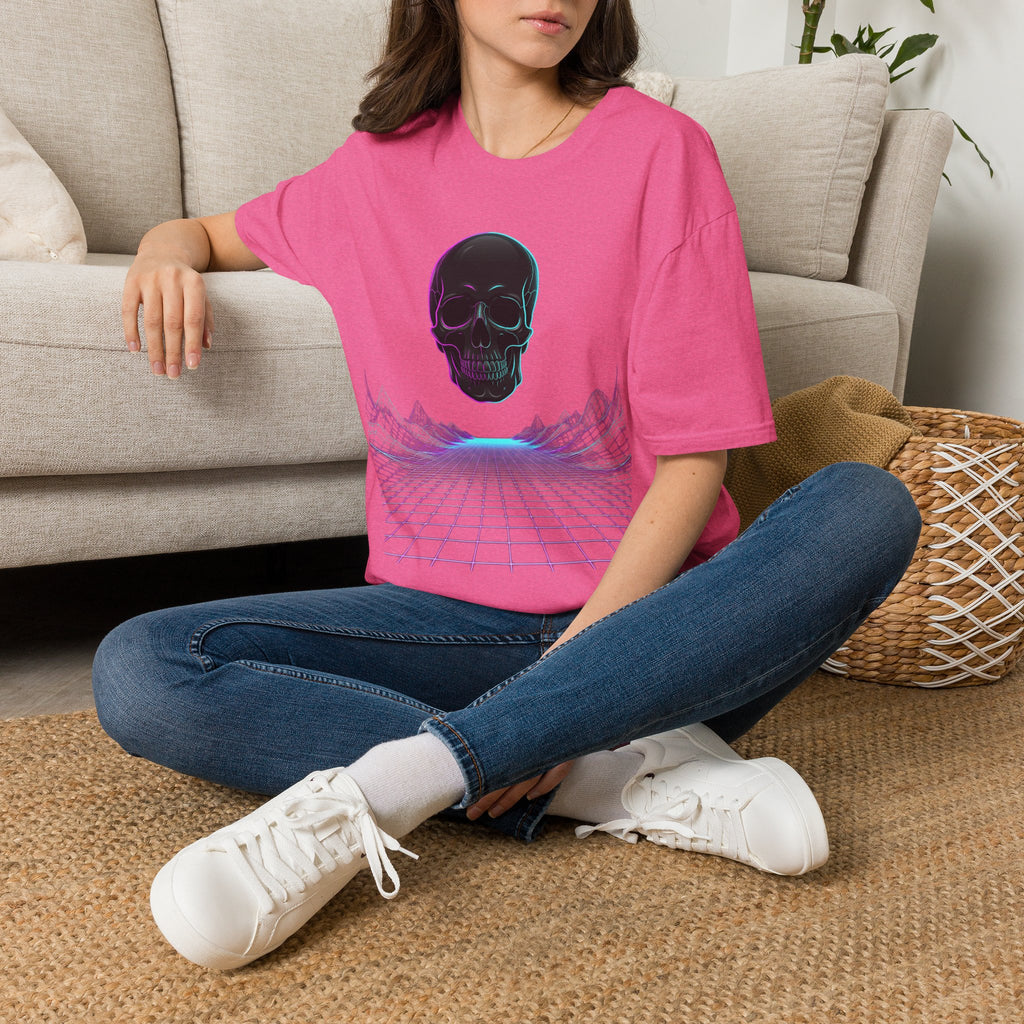 Pink unisex t-shirt with neon skull and grid horizon graphic on chest