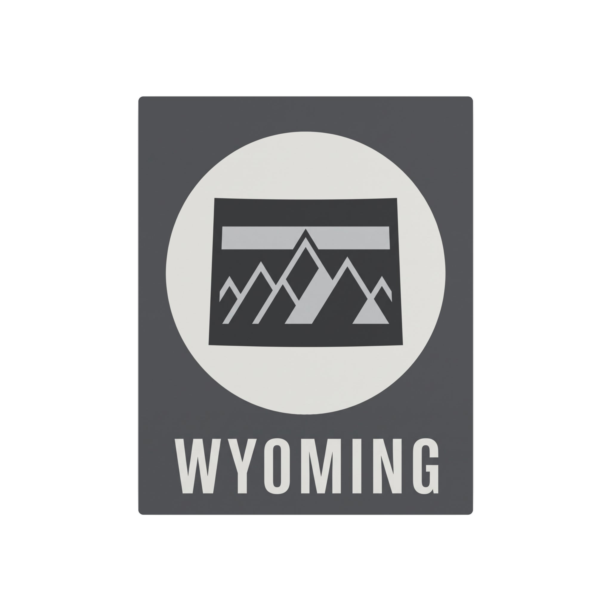 Wyoming metal wall plaque with dark gray square, white oval, mountain badge, and WYOMING lettering