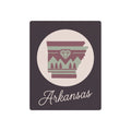Arkansas silhouette metal wall art sign with mauve and sage emblem on dark purple square